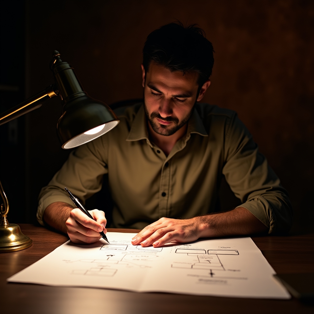 Entrepreneur analyzing cash flow charts on paper with a warm desk lamp illuminating the workspace