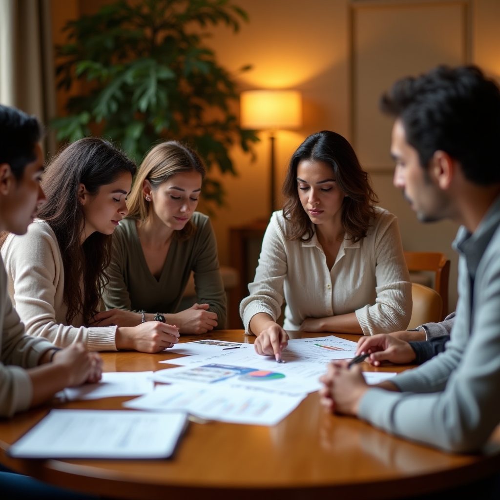 Small group financial workshop session with entrepreneurs gathered around a table reviewing documents