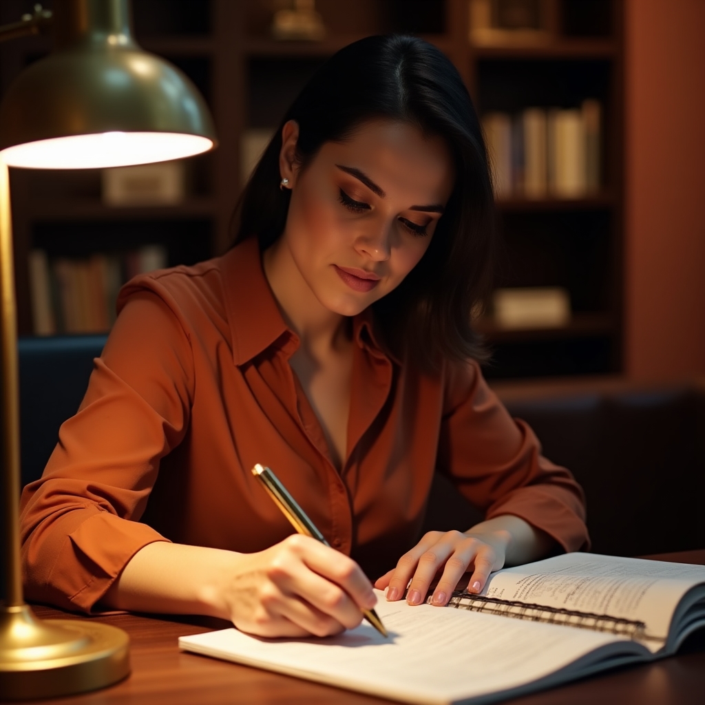 Mexican entrepreneur studying financial concepts at a modern workspace