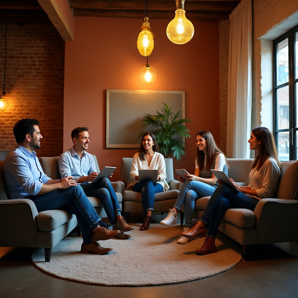 Group of diverse Mexican entrepreneurs in a collaborative learning session discussing financial concepts