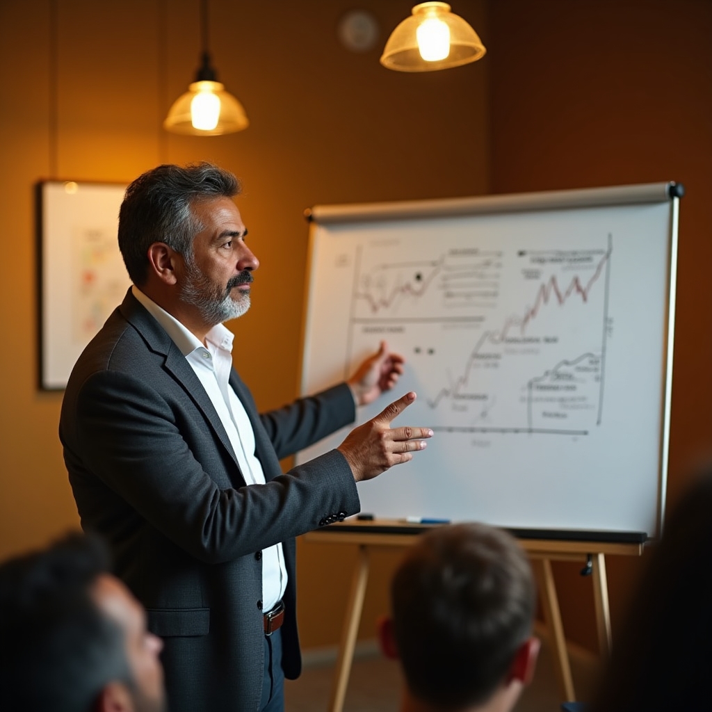 Financial educator presenting course materials in a warm, well-lit seminar room
