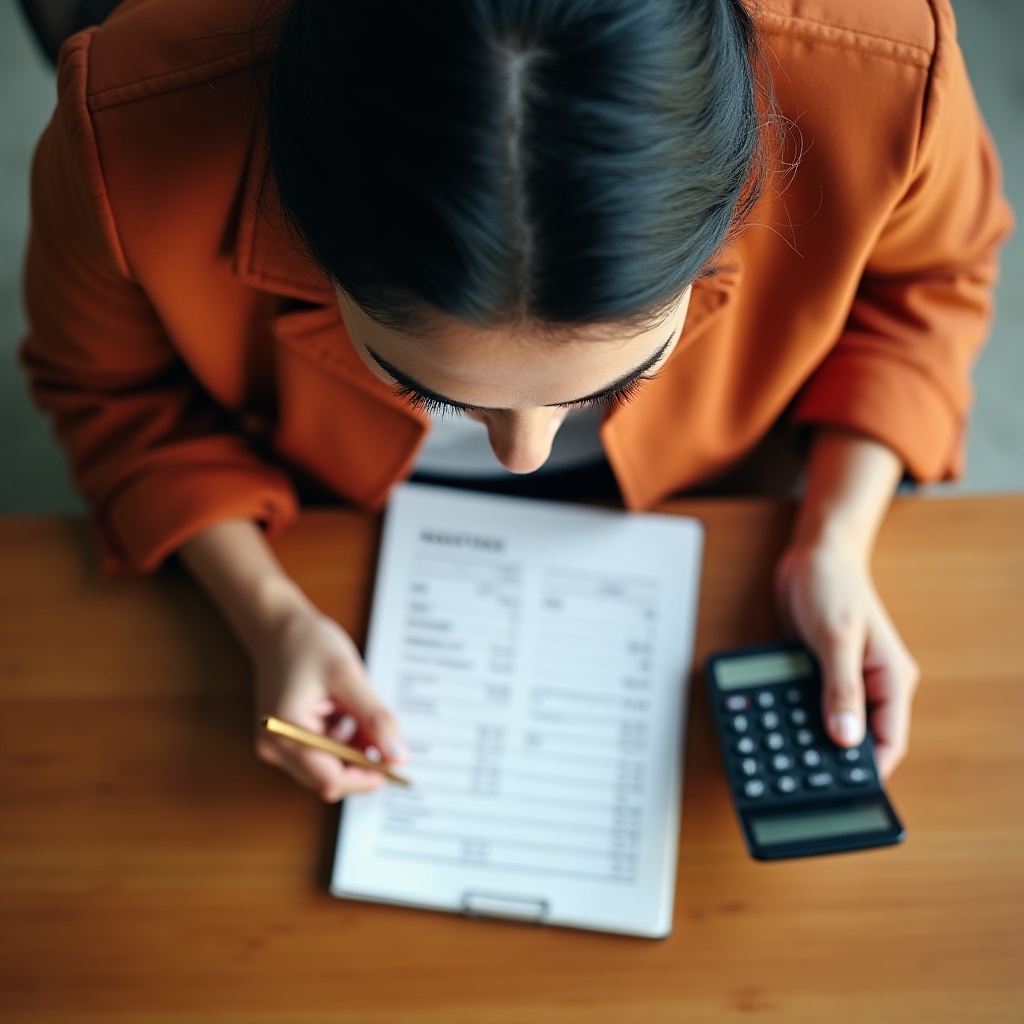 Business owner calculating pricing strategy with a notebook and calculator on a wooden desk