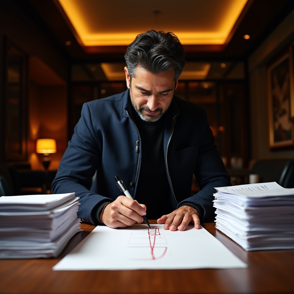Entrepreneur drawing a clear dividing line between two stacks of documents representing personal and business finances
