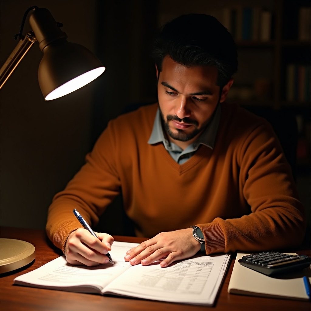Entrepreneur calculating product pricing with a notebook, calculator and cost breakdown spread on a warm wooden desk