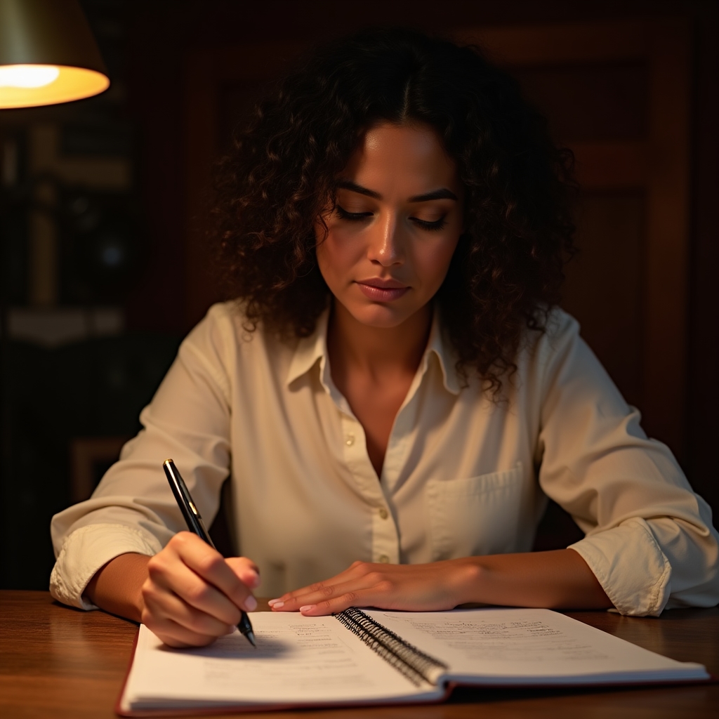 Small business owner reviewing handwritten financial notes at a wooden desk with warm ambient lighting